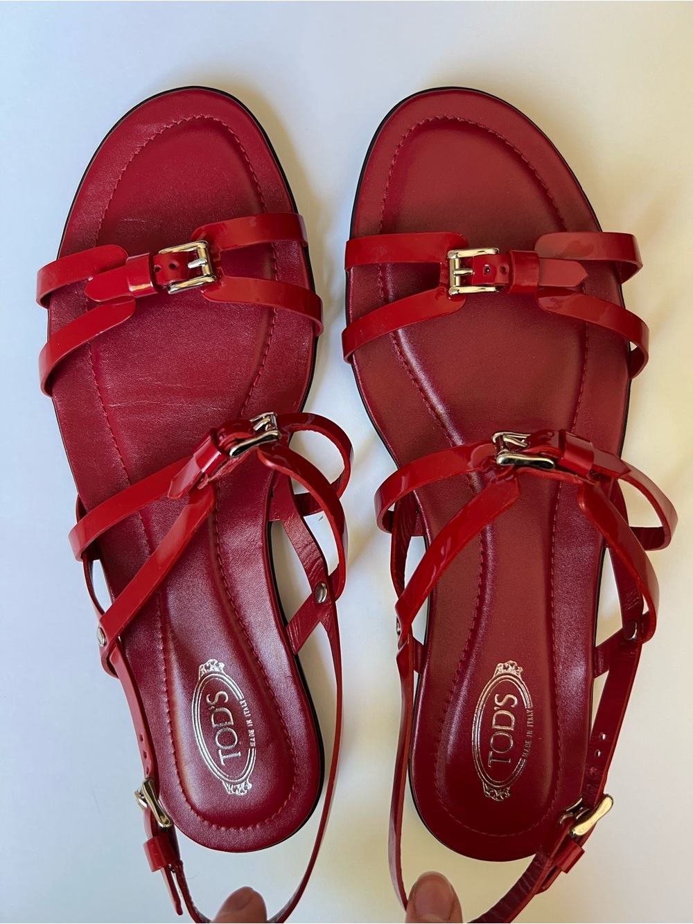 TOD'S Red Patent Leather Strappy Flat Sandals